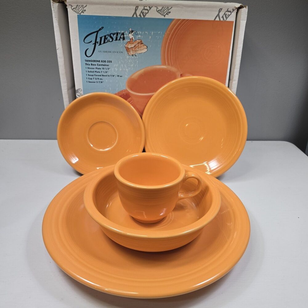 Fiesta Ware Tangerine 830 325 RETIRED 5 Piece Place Setting Complete Set Dishes